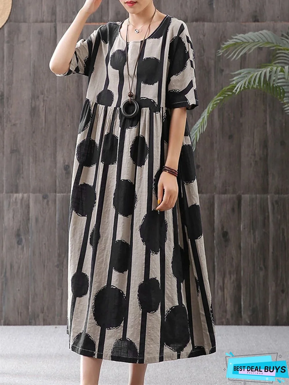 Dot Print Round Neck Pullover Short Sleeve Large Loose Casual Medium Length Dress