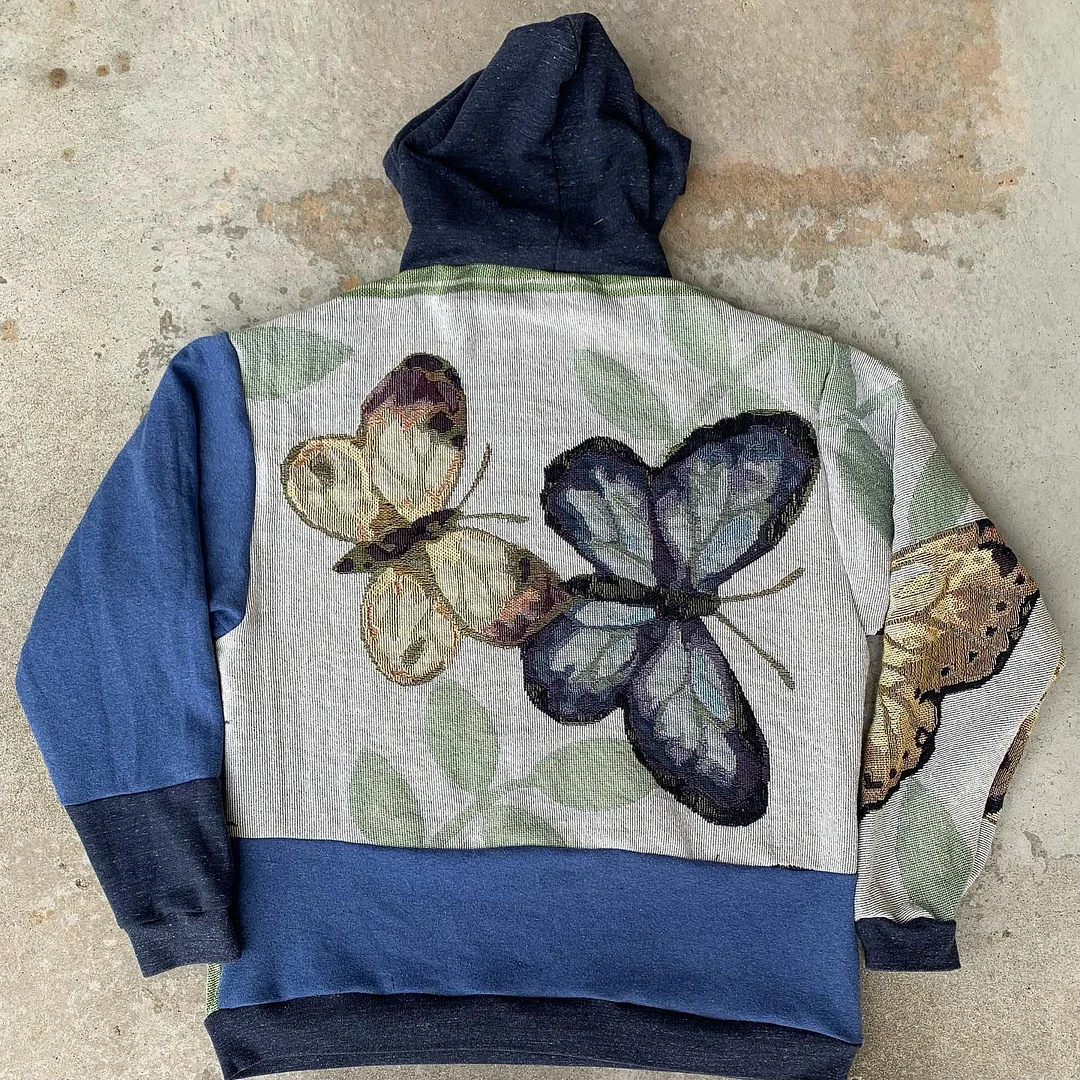 Retro Butterfly Print Casual Street Tapestry Knit Hooded Sweater
