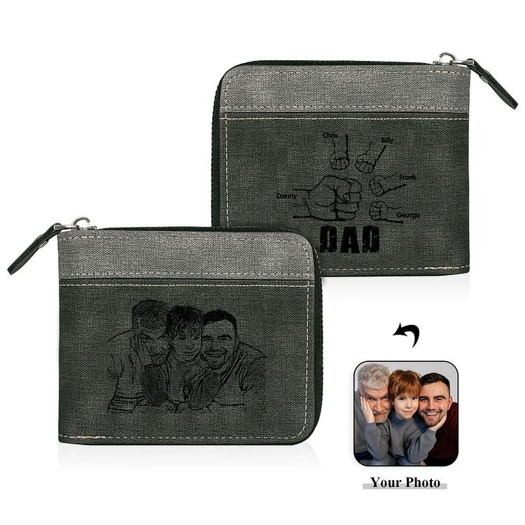 5 Names - Personalized Fist Bump Photo Custom Leather Men's Zipper Wallet as a Father's Day Gift for Dad