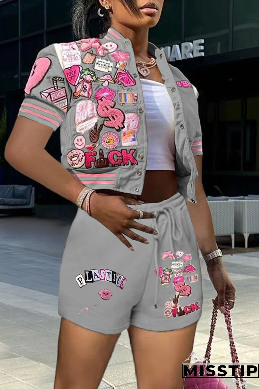 Cream White Casual Street Print Patchwork Buckle Short Sleeve Two Pieces