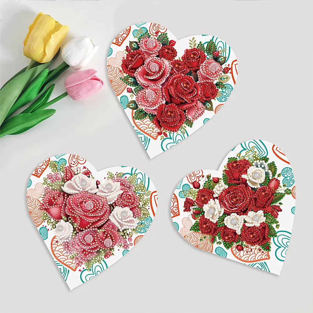 6pcs DIY Heart Rose Special Shape Diamond Painting Greeting Card Kit【With White Envelope】