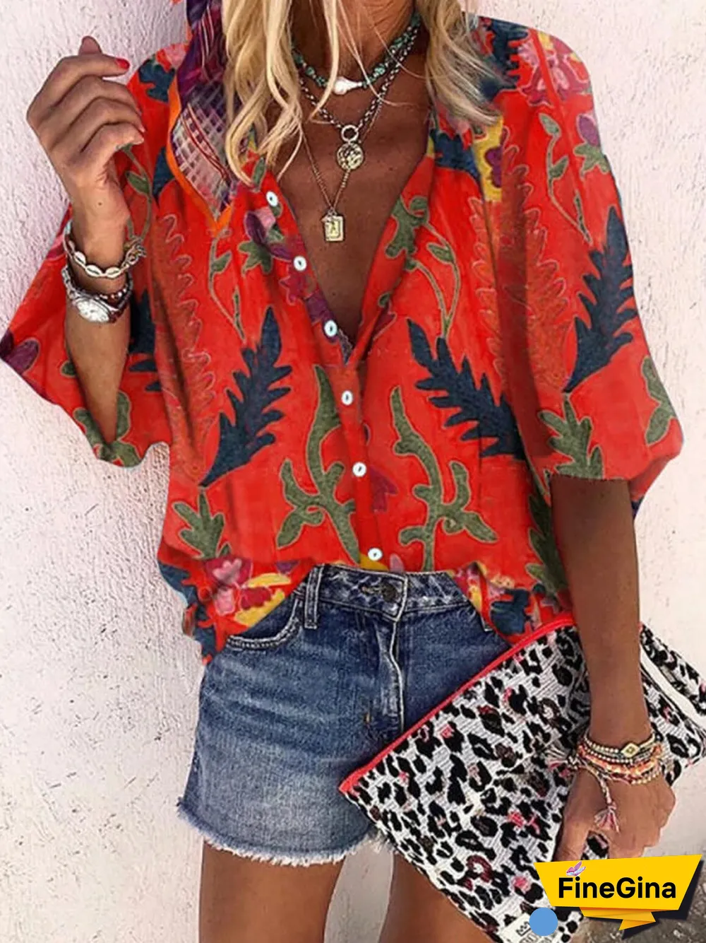 Tropical Print Loose-Fit V-Neck Shirt P16069
