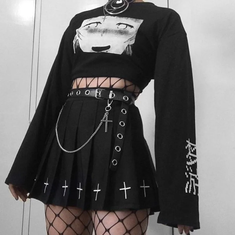 InsGoth Casual Black Print Crop Top Women Gothic Punk Black Long Sleeve Short Tops Harajuku Grunge Female Loose Tops