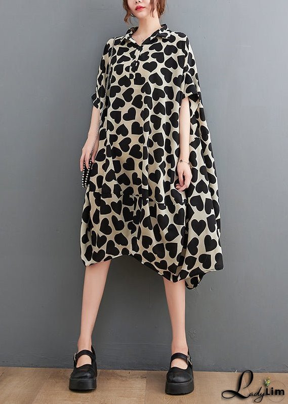 Fashion Peter Pan Collar Love Print Long Dresses Short Sleeve