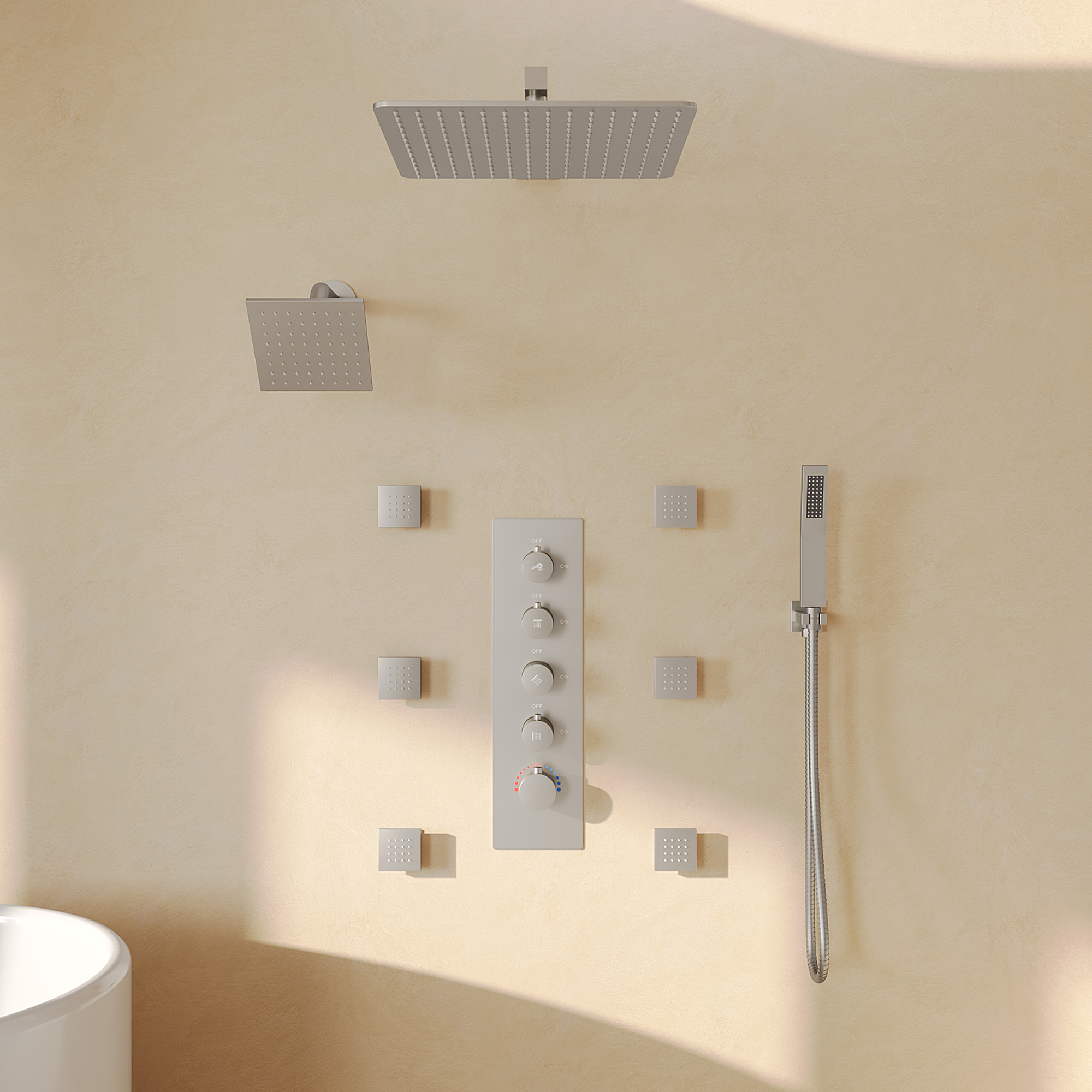 Multi-Function Shower System with 360° Swivel Head and Body Jets, Matte Black