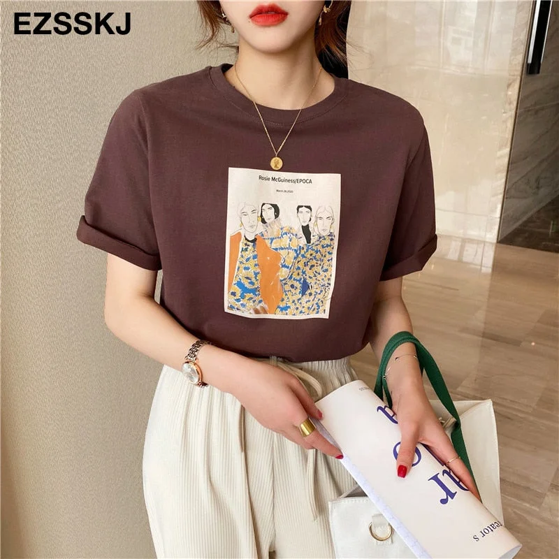 Pure cotton t-shirt women's summer ins short-sleeved 2021 new sanding bottoming shirt  loose printed t-shirt top