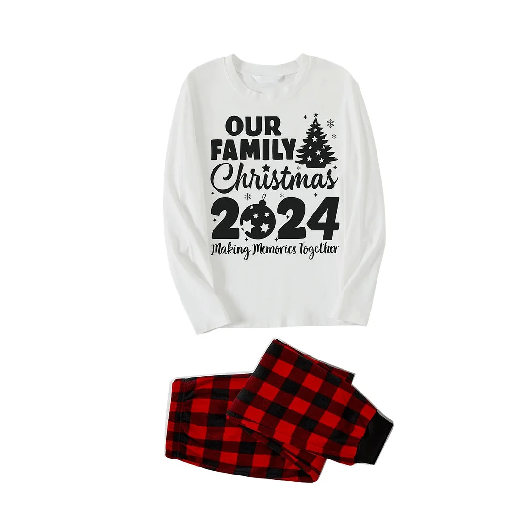 'Our Family Chirstmas 2024 Making Memories Together' Letter Print (Black) White Long Sleeve with Black&Red Plaid Pants Family Matching Pajamas