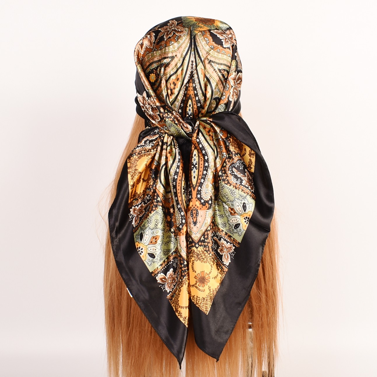 90cm*90cm Black Satin Plain Printed Square Scarf-vocosishoes