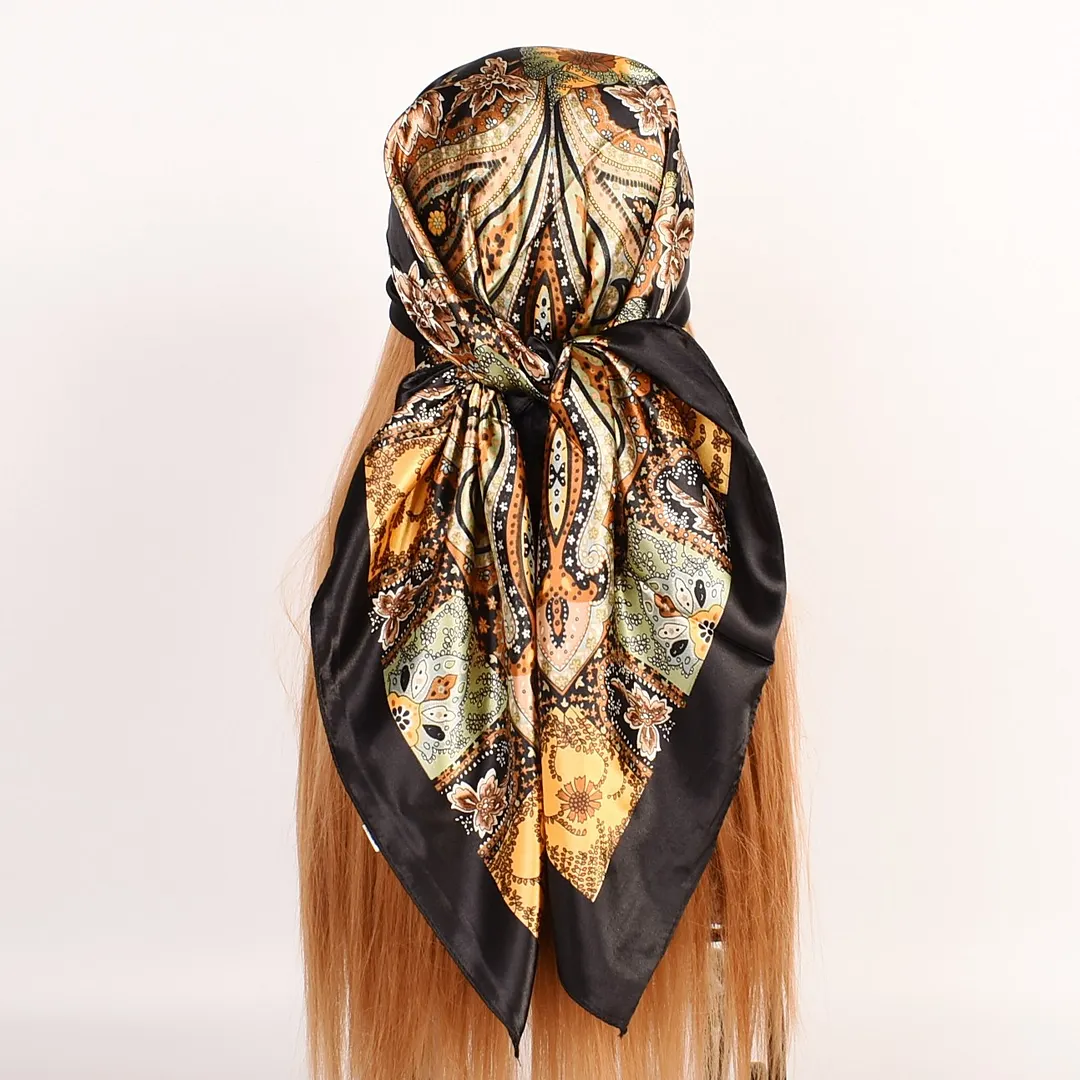 90cm*90cm Black Satin Plain Printed Square Scarf-vocosishoes
