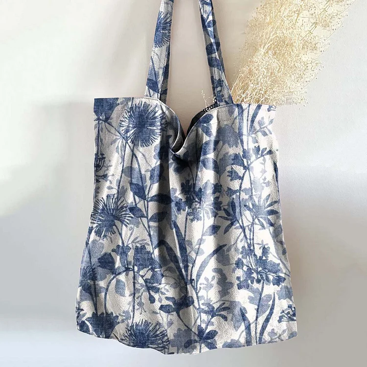 VChics Blue Floral Print Linen Tote Bag
