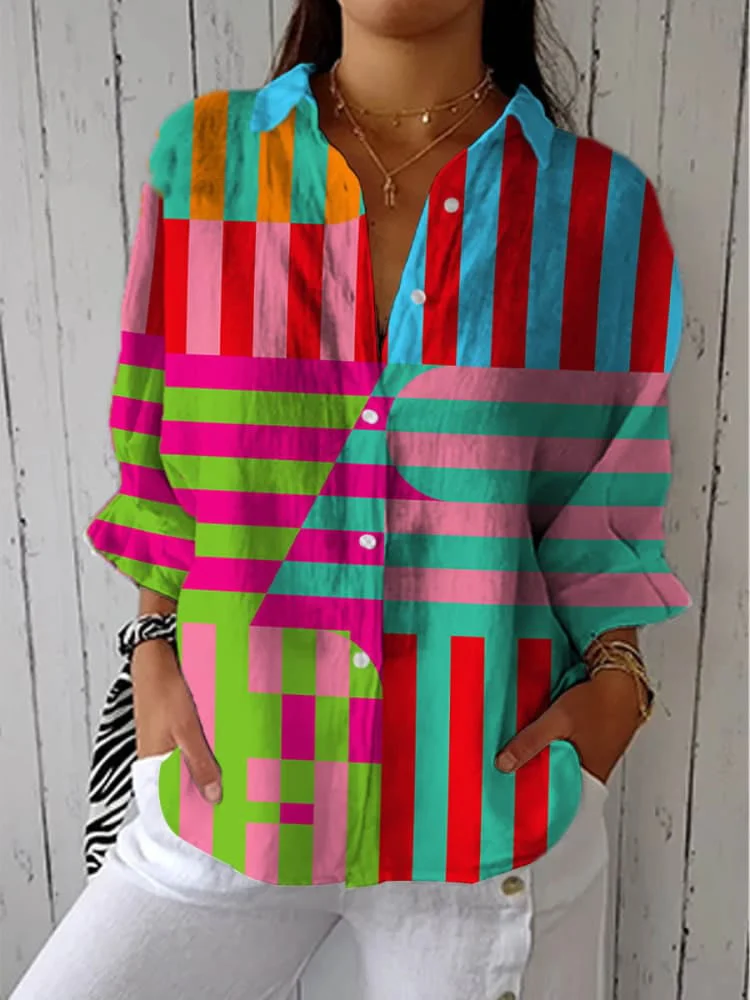 Women's Casual Cotton And Linen Geometric Contrast Color Shirt 