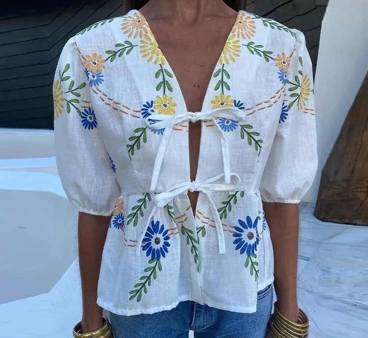 Nigikala Nigikala Women's V-Neck Tie With Printed Short-Sleeved Top - Explosive Long-Term Stocking Assured Shelves