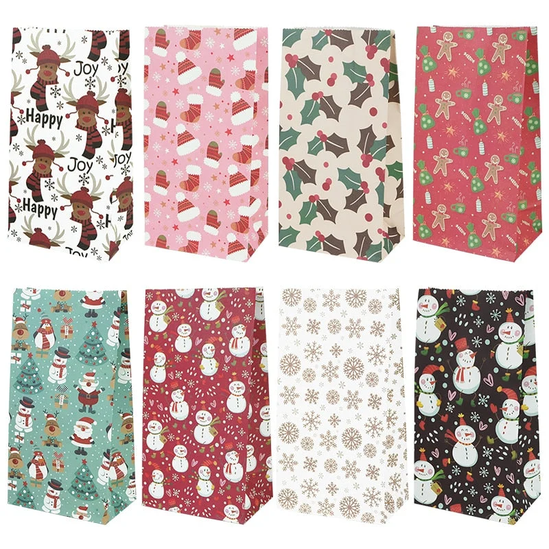 10pcs Kraft Paper Candy Cookie Bag Santa Claus Snowman Christmas Gift Packing Bags Xmas Navidad New Year Party Decor Supplies