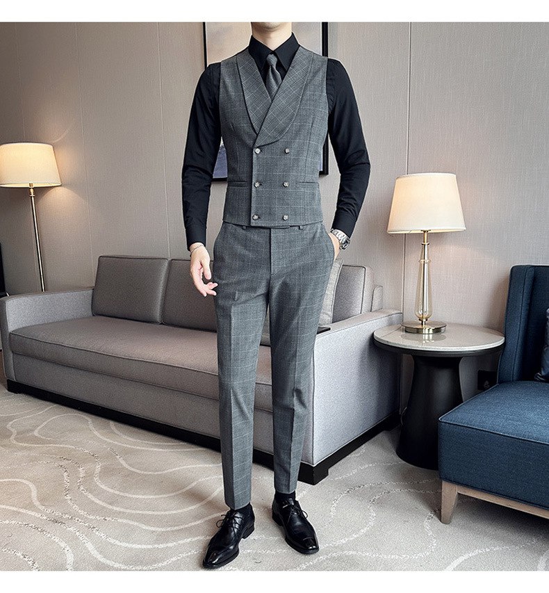 2023 New Plaid Suit Vest and Trousers Set Slim Groom's Best Man's Dress Single Button