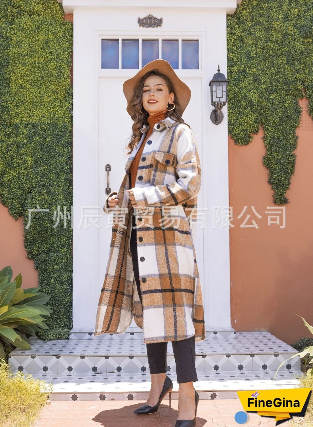 Autumn And Winter Classic Plaid Coat Ladies Lapel Double Side Pockets Long Loose All-match Coat Jackets