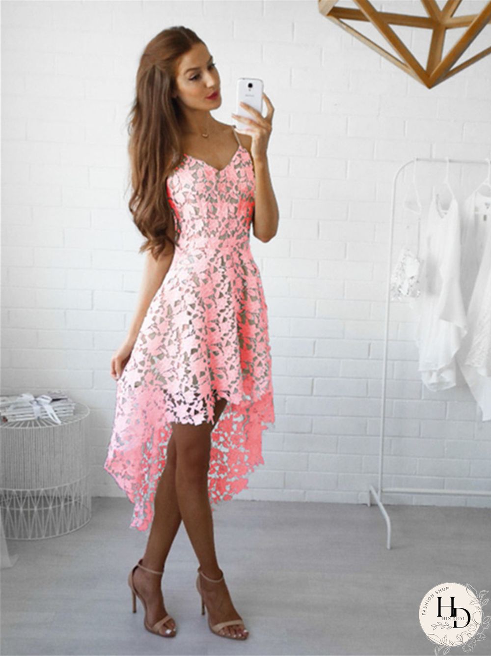 Solid Color Cutout Irregular Lace V-neck Dress