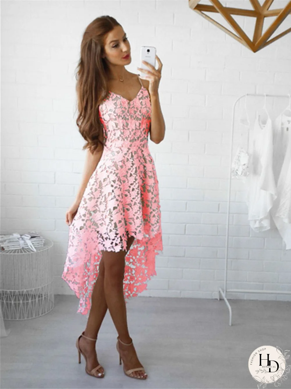 Solid Color Cutout Irregular Lace V-neck Dress