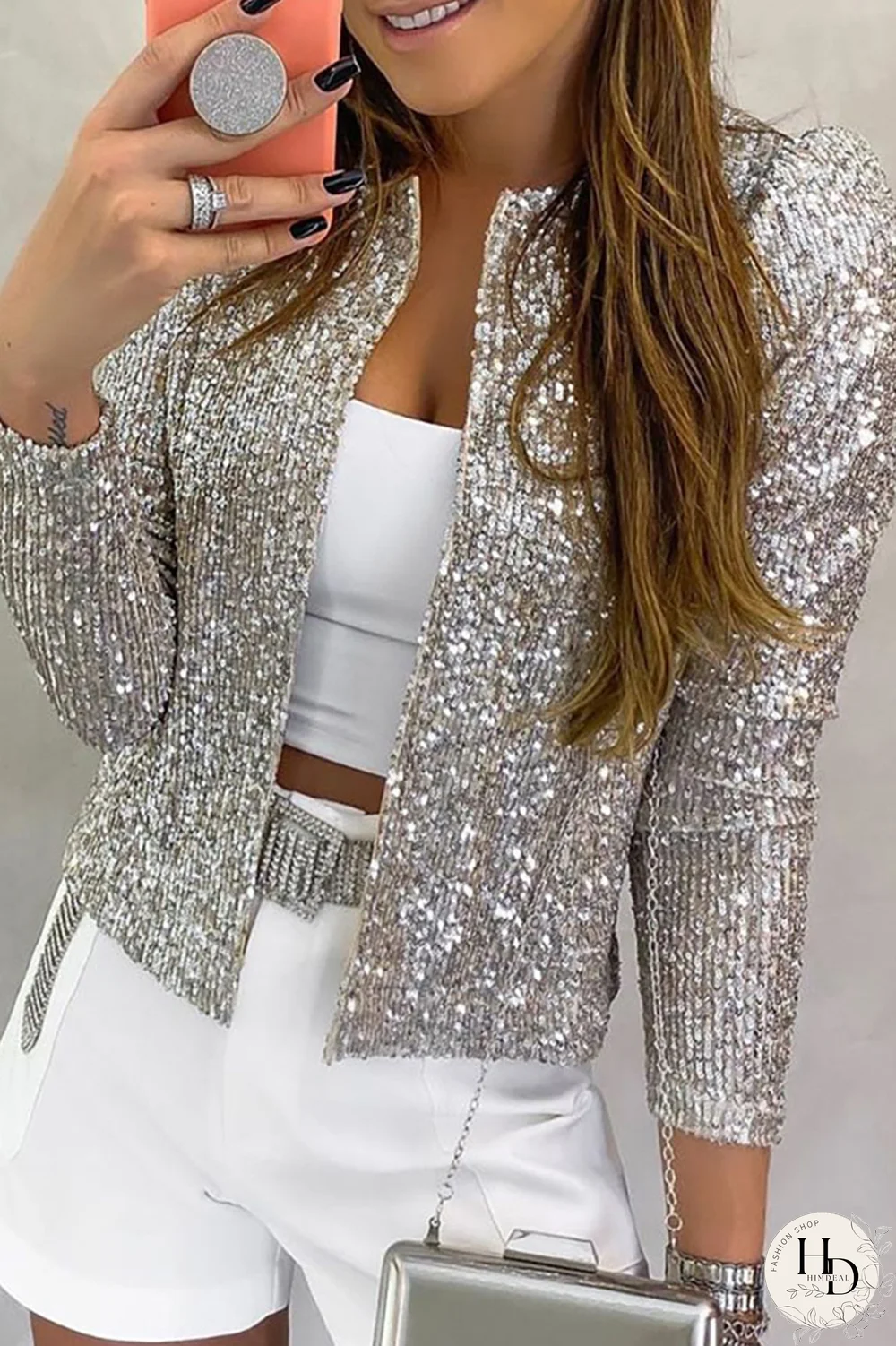 Red Fashion Solid Sequins Patchwork O Neck Outerwear