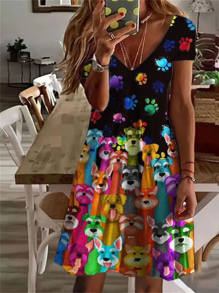 Colorful Dogs & Paw Prints V Neck Midi Dress