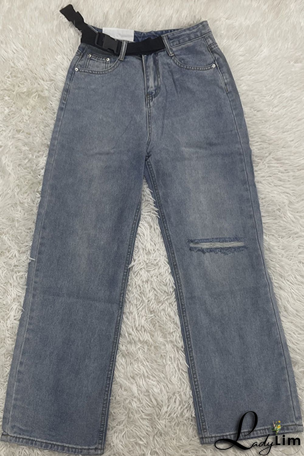 Blue Fashion Casual Solid Ripped High Waist Regular Denim Jeans