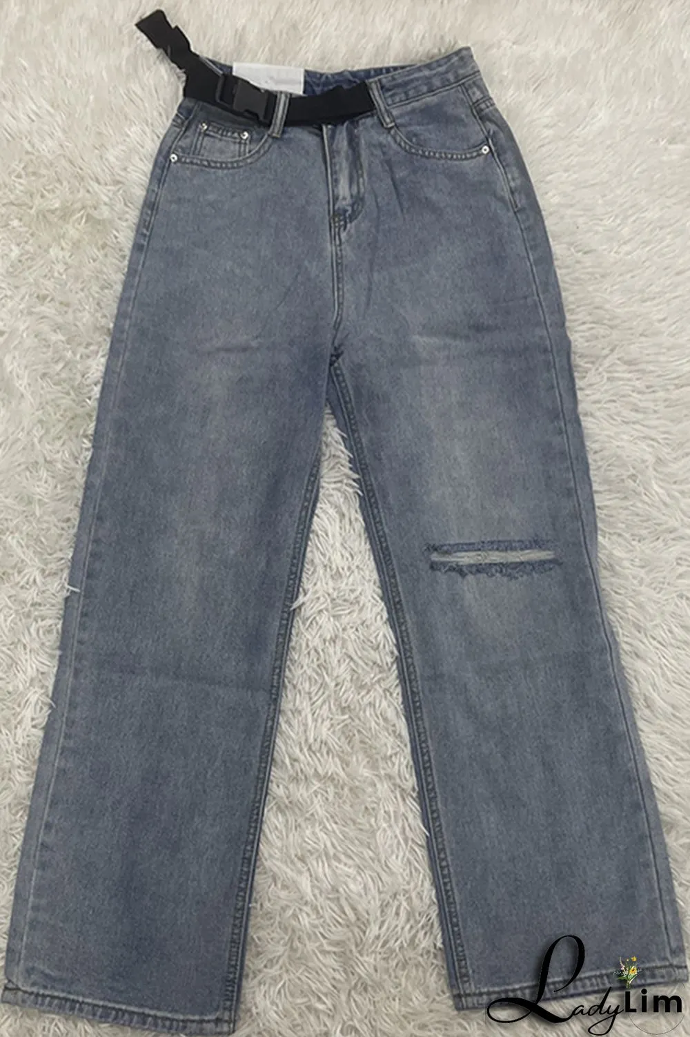 Blue Fashion Casual Solid Ripped High Waist Regular Denim Jeans