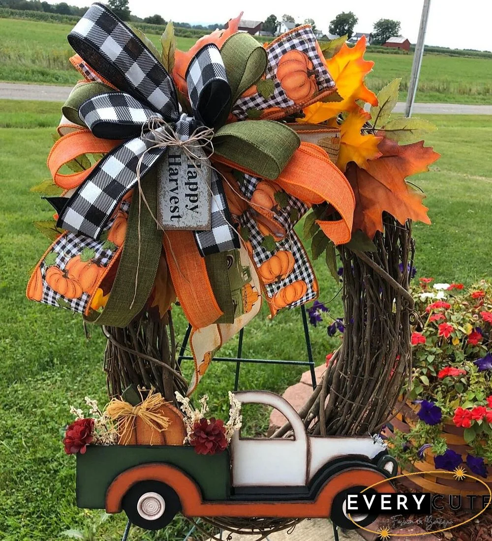 Pumpkin Car Wreath Autumn Harvest Thanksgiving Fall Garland, for Indoor Outdoor Home Car Holiday Halloween Decoration