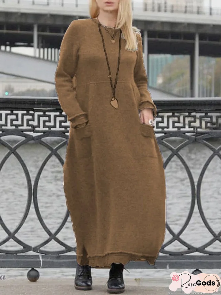 Gray Crew Neck Cotton Casual Knitting Dress