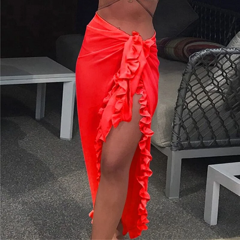 Ruffle Beach Summer Long Skirt Women 2023 Side Split White Red Black Pink Yellow Elastic Waist High Waist Skirts Clothes