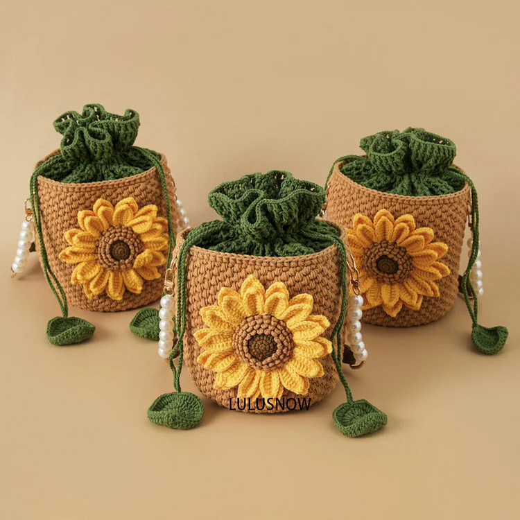 Lulusnow Handmade Yellow Pearl Double Sunflower  Crochet Hand Bag