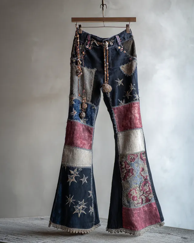 Spring/Summer Color Block Denim Linen Flared Pants6241
