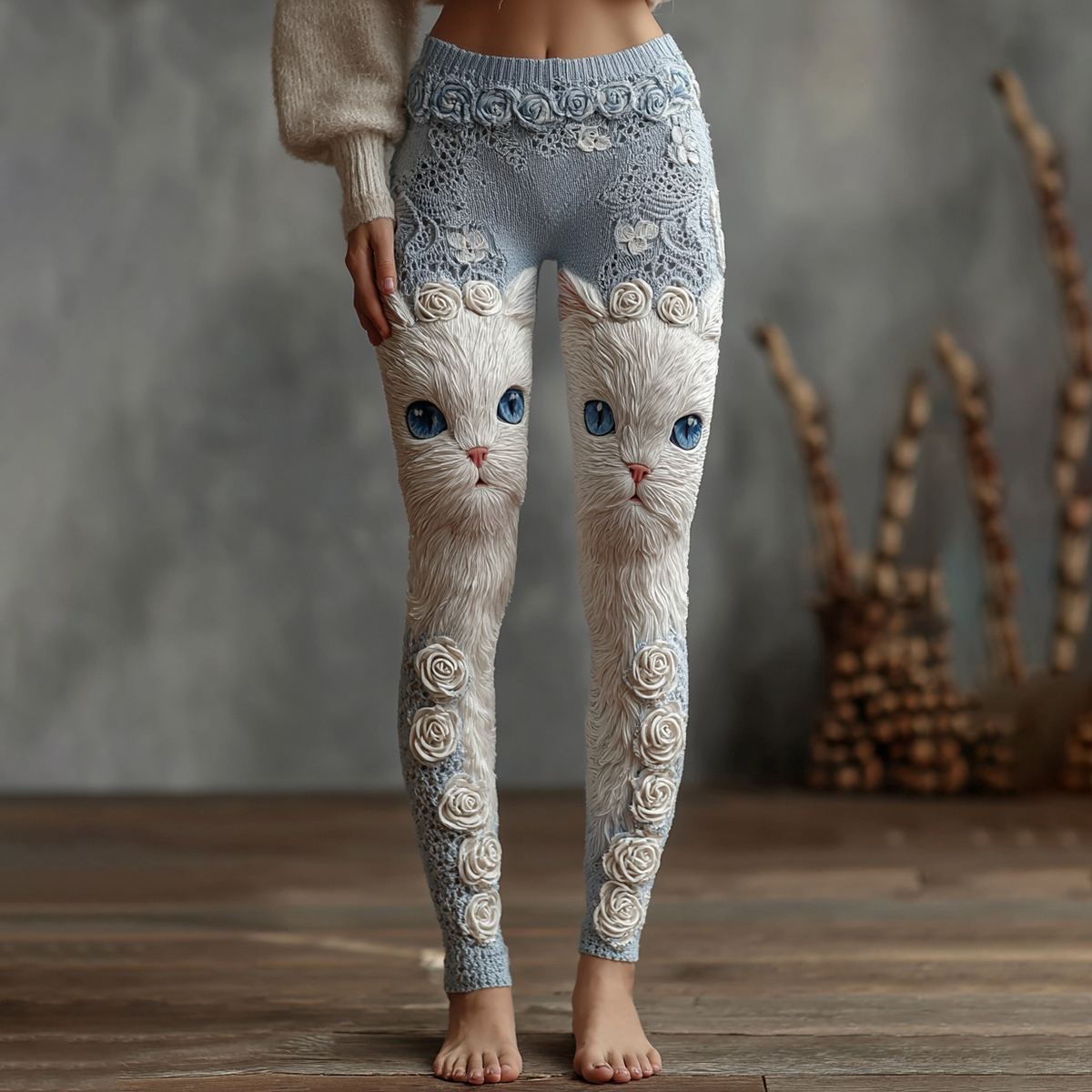 Vintage Cute Cat Face With Roses Art Embroidered Cozy Knit Leggings