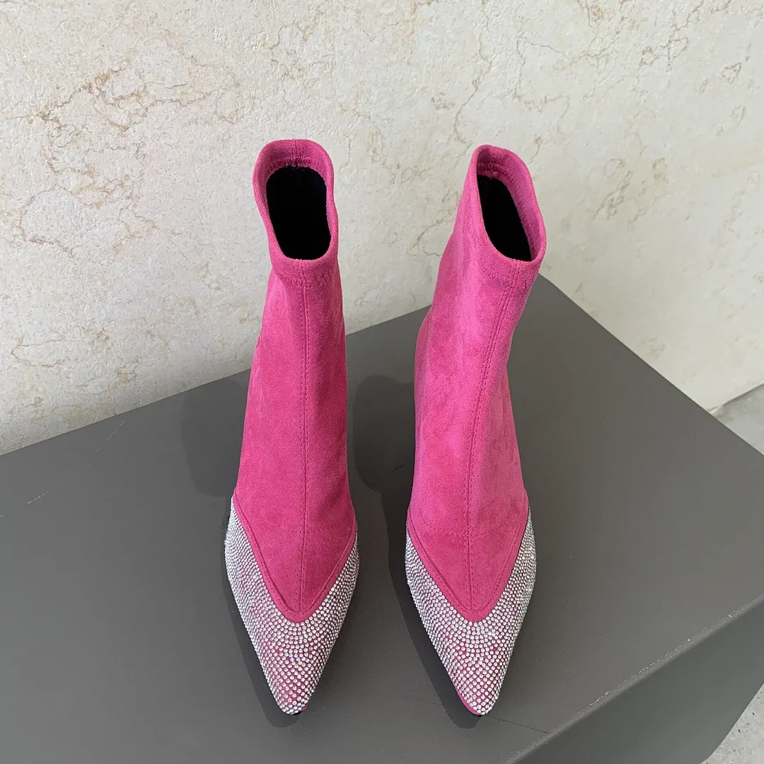 2021 Autumn Winter Women's Skinny Boots New Occident Style Pointed Suede Rhinestone Middle Boots Thin Heels Red Female Boots