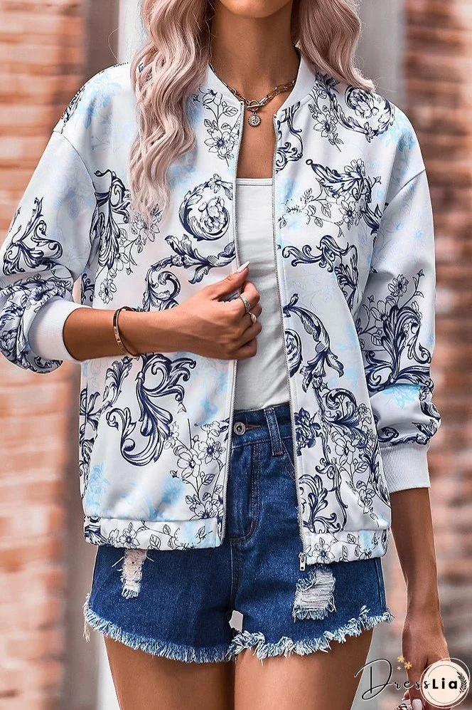 Floral Print Zipper Jacket Coat