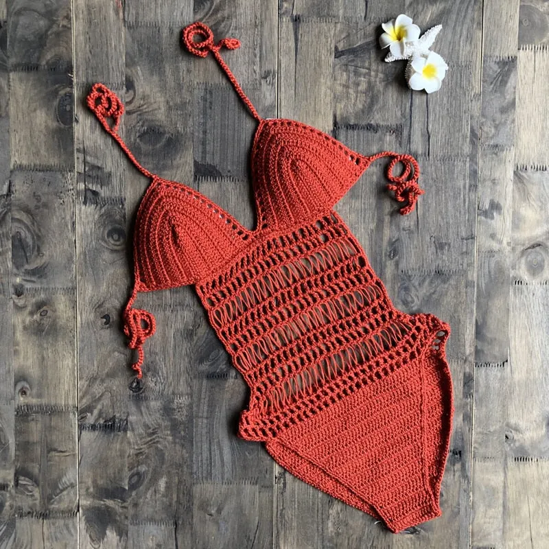 Fitshinling Bohemian Crochet Monokini Handmade One Piece Bodysuit Sexy Hot Backless Strappy Swimsuits Hollow Out Swimwear Women