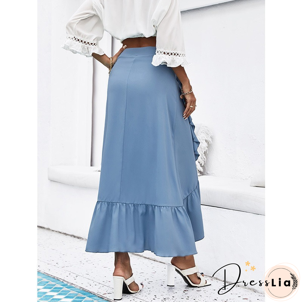 Womens Clothing Skirts Blue Solid Color Spring Autumn Skinny Skirt Lace High Waist Ruffle