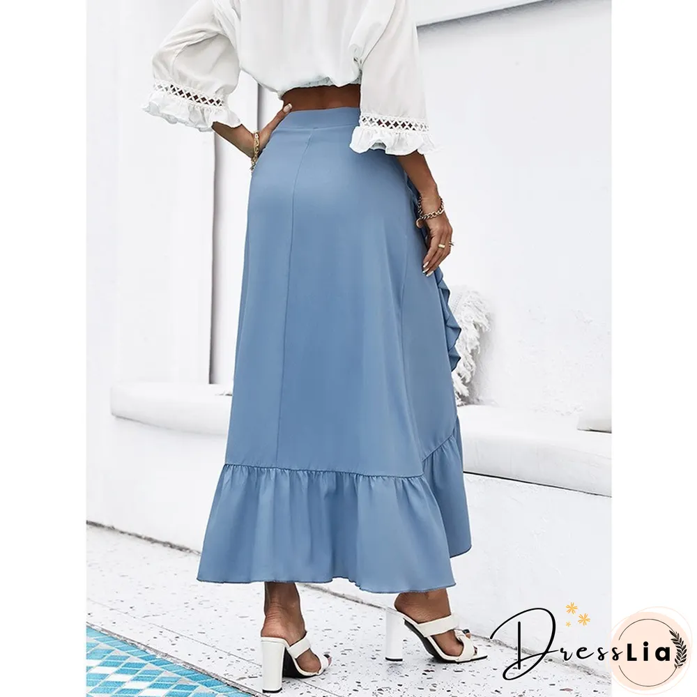 Womens Clothing Skirts Blue Solid Color Spring Autumn Skinny Skirt Lace High Waist Ruffle