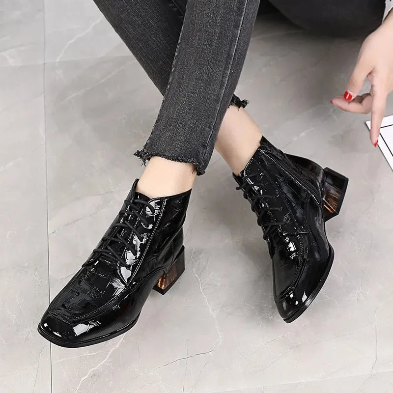 GKTINOO Women Boots 2022 New Woman Short Boots Soft Patent Genuine Leather Autumn/Winter Shoes Square Heels Female Footware