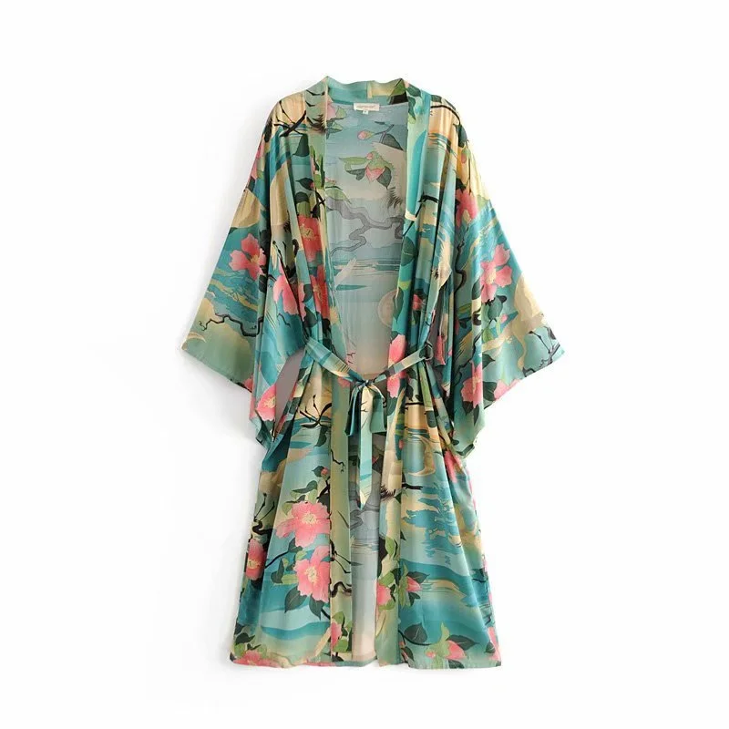 Fitshinling Bohemian Vintage Beach Kimono Swimwear Sashes Print Floral Cover-Up Big Sleeve Green Cotton Spring Autumn Cardigan