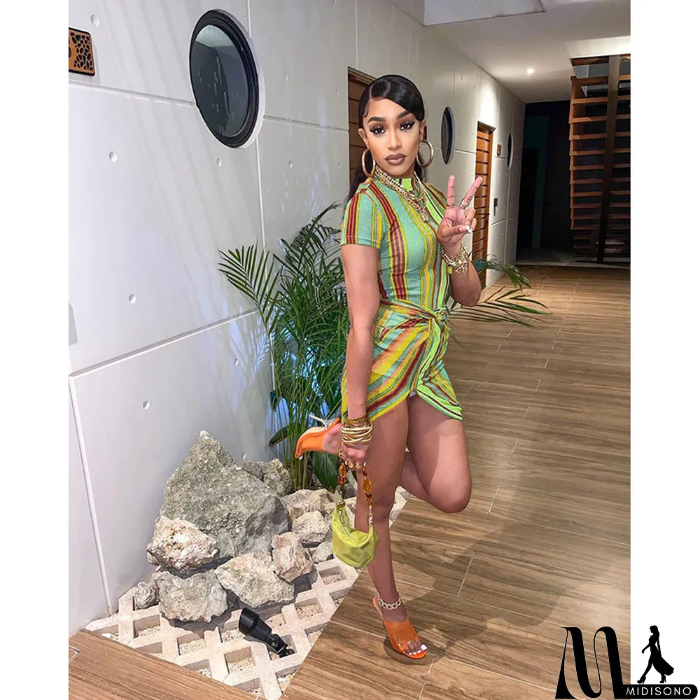 MidiSono - Casual Simple Color Striped Print Sexy Dress