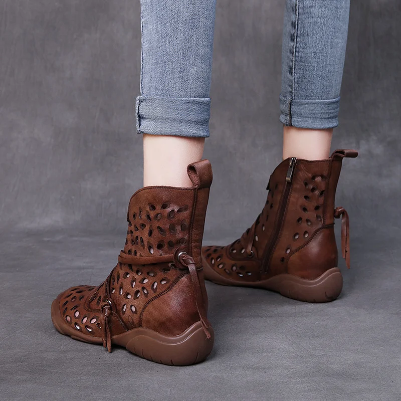 Yyvonne Style Retro Handmade Cool Boots Women Spring And Summer New Leather Hollow Hole Shoes Soft Back Breathable High Help Single Boots Woman