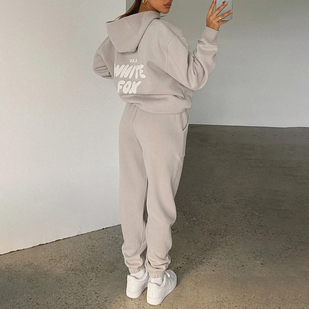 Fashion Sports LOGO Long Sleeve Pullover Hooded Sweatshirt Two Piece Set