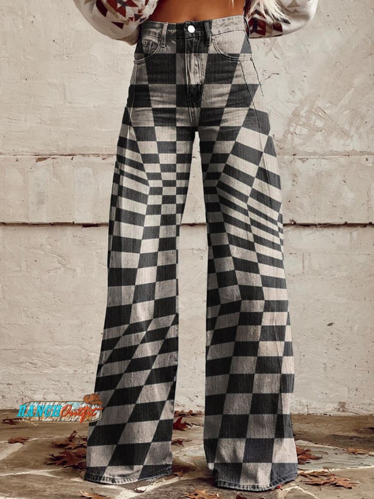 Women’s Black And White Twisted Lattice Print Casual Wide Leg Pants Multicolor / S