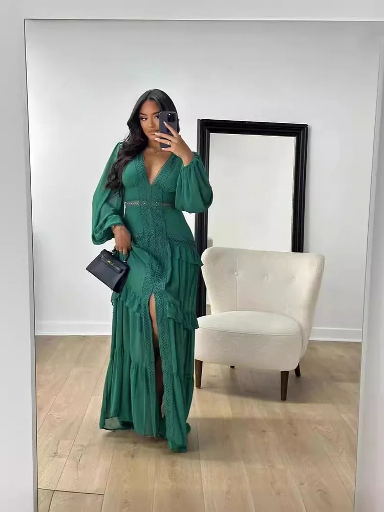 Elegant Stitching Long Sleeve V-neck Dress
