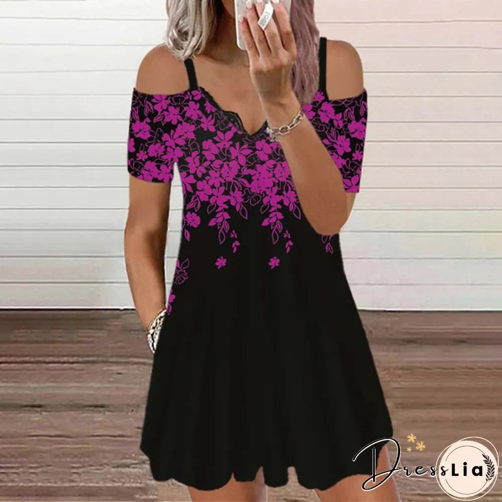 Womens Dress Summer New Fashion Lace V-neck Flower Printed Sexy Casual Short Sleeve