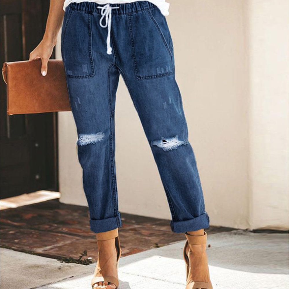 Drawstring Elastic Waist Ripped Denim Casual For Women Jeans