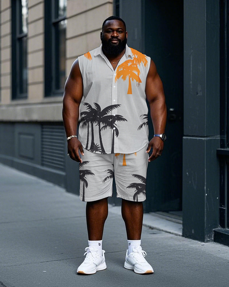 Big Men's Hawaiian Simple Coconut Trees Printed Sleeveless Shirt and Shorts Set