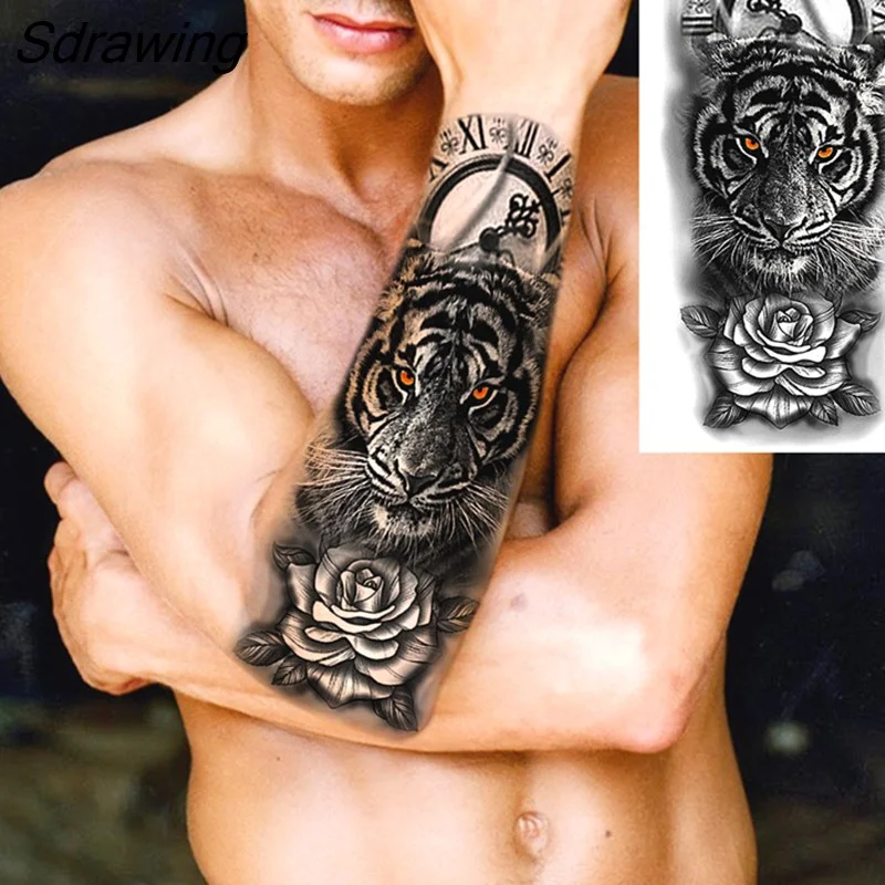 Sdrawing Realistic Black Devil Temporary Tattoos For Men Adult Tiger Pirate Skeleton Vampire Fake Tattoo Forearm Scary Tatoo Joker