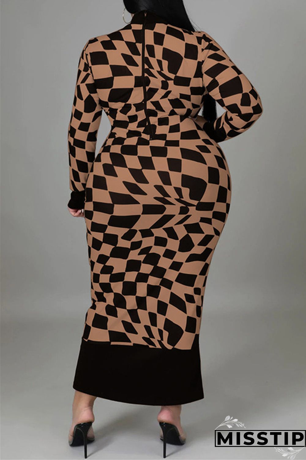 Yellow Casual Plaid Print Patchwork Half A Turtleneck Long Sleeve Plus Size Dresses