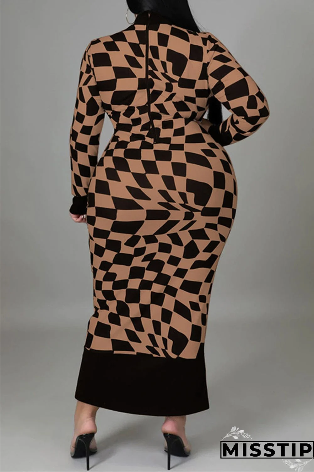 Yellow Casual Plaid Print Patchwork Half A Turtleneck Long Sleeve Plus Size Dresses