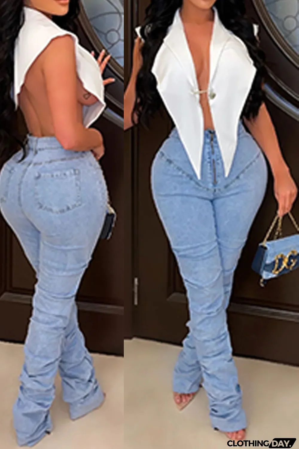 White Sexy Solid Split Joint Turndown Collar Tops (With a brooch)